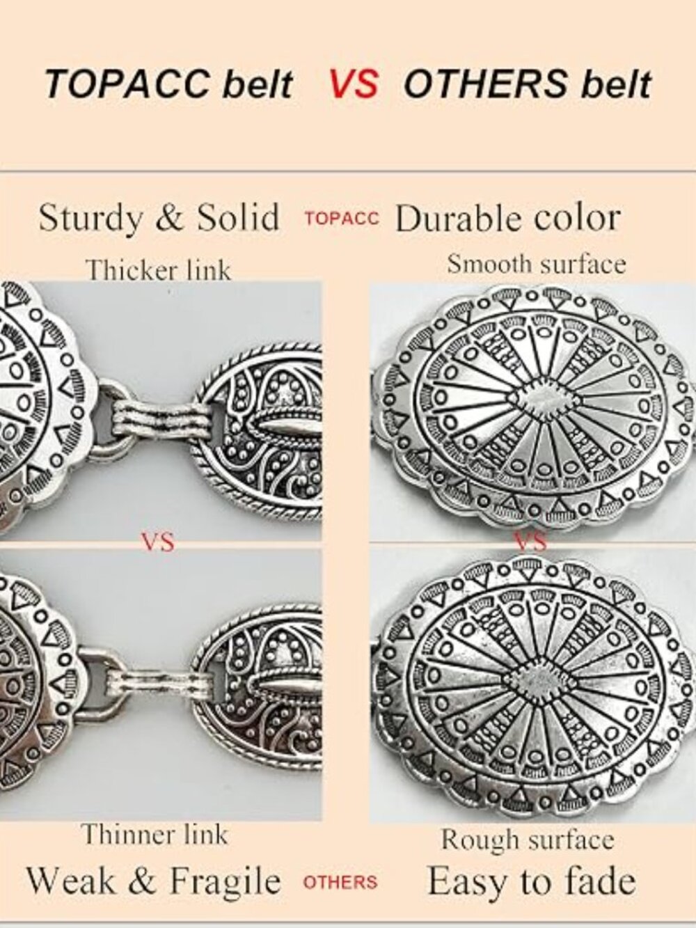 Western Metal Concho Belt for Women Cowgirl Chain Belts for Dresses Jeans Countr - Picture 4 of 5